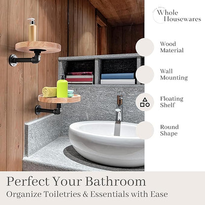 WHOLE HOUSEWARES Pipe Shelf with Round Floating Shelves - Set of 2 | Rustic Industrial Style with Metal Pipe Brackets | 7.1 x 3.3 Inches | Stylish Wall-Mounted Storage for Home Decor