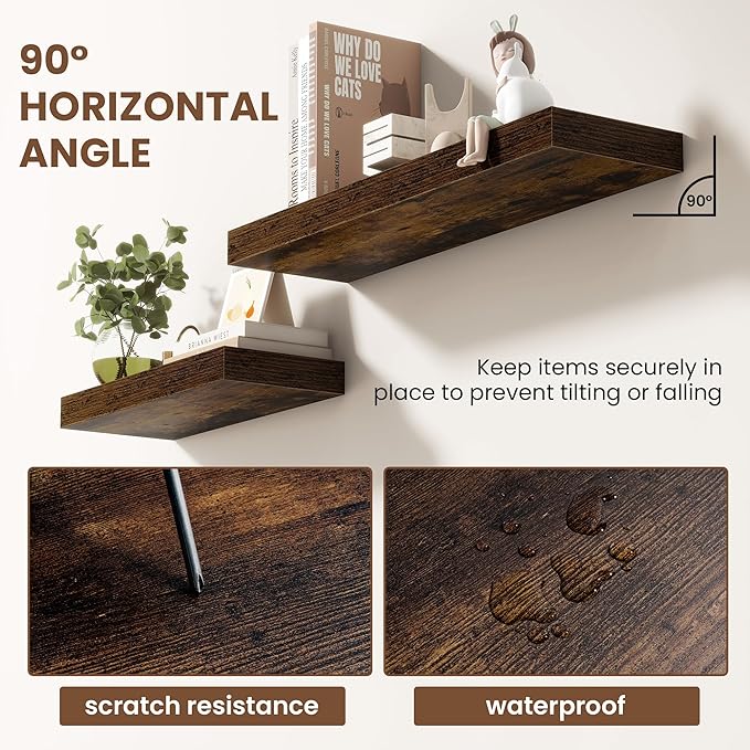 30 Inch Floating Shelves for Wall 2 Pack, 30" Wall Shelves for Books, Storage, Decor, Wall Mounted Floating Shelf with Invisible Brackets for Kitchen, Living Room, Brown