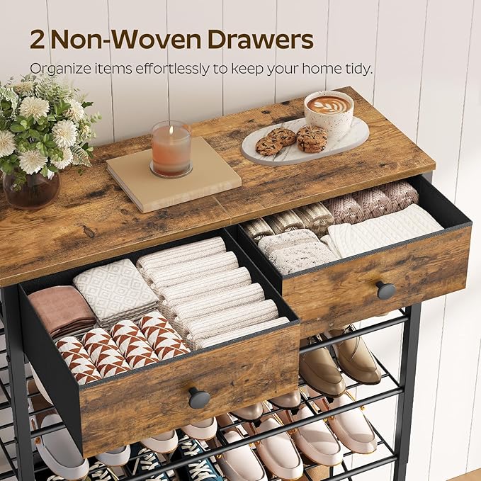 5 Tier Shoe Rack with Adjustable Height (37.4”-44.5”), Shoe Storage Shelf with 2 Non-Woven Drawers, Wooden Shoe Organizer for Entryway, Cloakroom, Rustic Brown and Black SS11BR