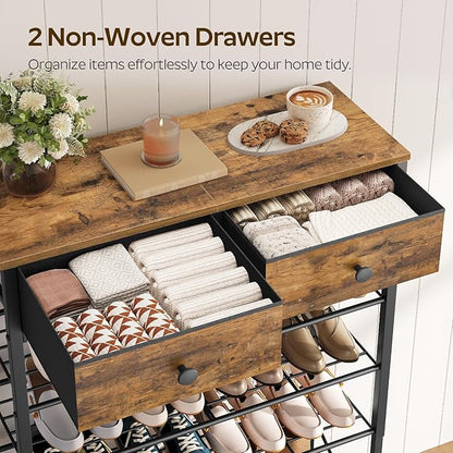 5 Tier Shoe Rack with Adjustable Height (37.4”-44.5”), Shoe Storage Shelf with 2 Non-Woven Drawers, Wooden Shoe Organizer for Entryway, Cloakroom, Rustic Brown and Black SS11BR