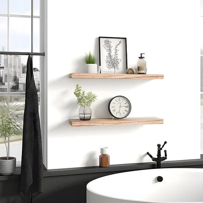 PHPH 24 Inch Wood Floating Shelves for Wall, Wooden Wall Shelves for Bedroom, Set of 4 Light Brown