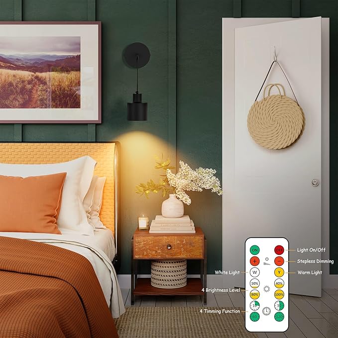Wall Light Battery Operated Wall Sconces Set of 2,Black Indoor Wireless Wall Sconce No Hardwired 3000K-6000K Dimmable Remote Control(Bulbs Include)
