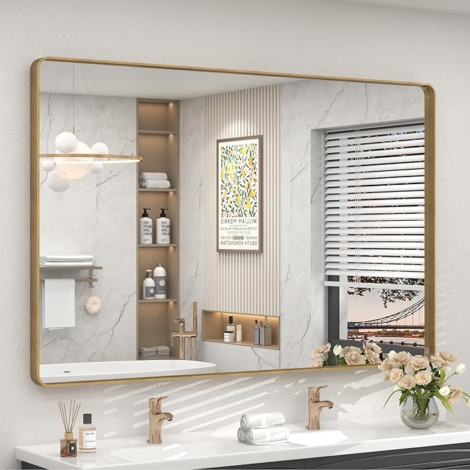 55x40 Inch Gold Bathroom Mirror, Brushed Metal Frame Gold Vanity Mirror, Large Rectangle Mirror for Wall, Rounded Corner, Shatterproof, Anti-Rust (Horizontal/Vertical)