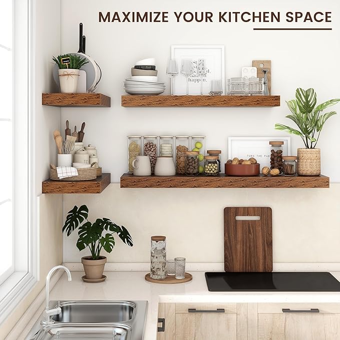Floating Shelves for Wall, 48 Inch Wide x 12 Inch Deep Floating Shelves, Long Wood Floating Wall Shelf Shelves for Living Room Bathroom Bedroom Kitchen Home - (Brown, 48