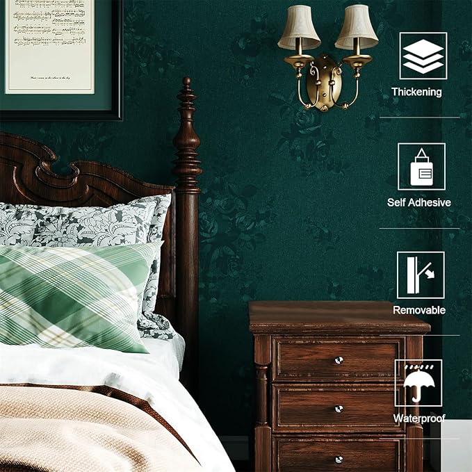 Dimoon 17.7''x78.7'' Green Peel and Stick Wallpaper Gothic Floral Wall Paper Contact Paper Closeout Renter Friendly Modern Self Adhesive Damask Cabinet Vinyl Roll(78.7''x17.7'', Green Floral Textured)