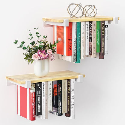 2 Set of Floating Bookshelf with White Shelf Brackets, Pine Wood Invisible Bookshelf, Hanging Bookshelves for Wall, Unique Space Saving Wall Bookcase, White(16.5L×8.7W×1.5H)