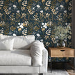 Navy Floral Wallpaper Peel and Stick Boho Wallpaper Vintage Blue/Gold Leaf Contact Paper Waterproof Self Adhesive Modern Wall Paper for Cabinet Walls Kitchen 17.5in x118in