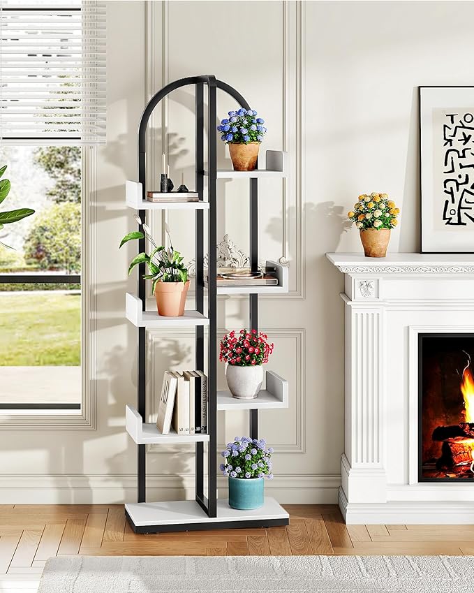 Corner Bookshelf, Curved 6-Tier Bookcase with Anti-Tip Kit, Adjustable Feet and Staggered Shelves for Living Room, Bedroom, Study, Office, White and Black TSJ06BW