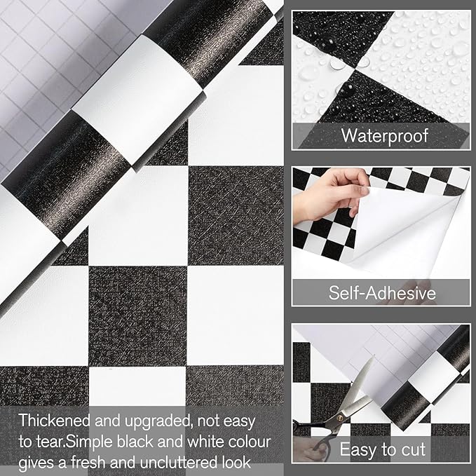 Black and White Contact Paper Checkered Peel and Stick Wallpaper Self Adhesive Waterproof Vinyl Roll for Bathroom Kitchen Backsplash Cabinets Shelf Liners Drawers A Set of 17.3"x1200"