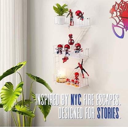 Fire Escape Wall Shelf – New York Decorative Floating Shelf – Wall Art Ladder Shelf – White Metal Trinket Shelves for Bedroom, Living Room, Home, Storage and Display (3-Tier)