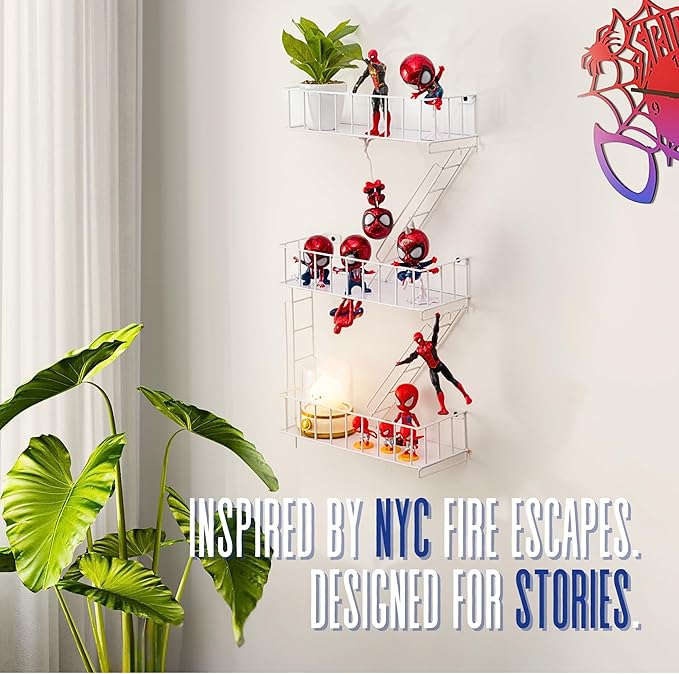 Fire Escape Wall Shelf – New York Decorative Floating Shelf – Wall Art Ladder Shelf – White Metal Trinket Shelves for Bedroom, Living Room, Home, Storage and Display (3-Tier)