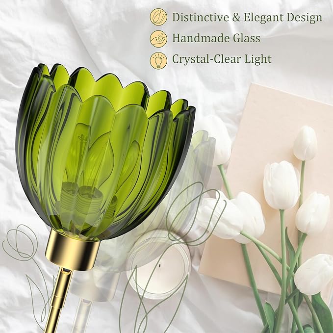 Wall Sconces Set of 2 Battery Operated | Tulip Glass Wall Lamps Rechargeable 5200mAh Wireless Wall Sconce Dimmable for Bedroom Living Room Hallway, Elegant Green Tulip Lampshade Wall Decor