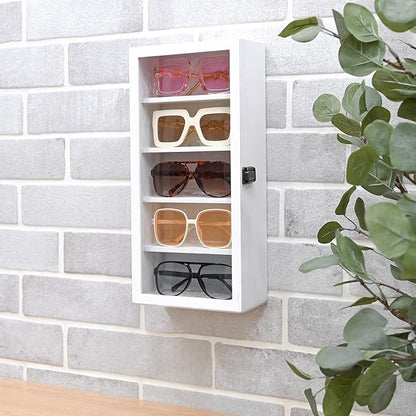 Ikee Design Wall Mounted Wooden Collectible Shadow Box Display Case 5 Shelf Display Shot Glass Storage Accessories with Tempered Glass Door, Wash White Color