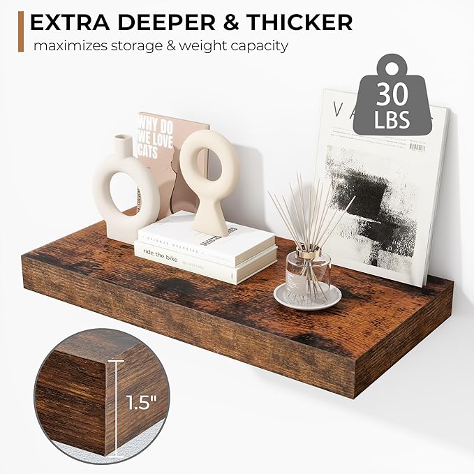 Fun Memories 16 Inch Floating Shelves - Deep Rustic Wooden Wall Shelves - Extra Deeper & Thicker Wall Mounted Storage Shelf for Bedroom, Kitchen, Farmhouse - 2 Pack, Rustic Brown