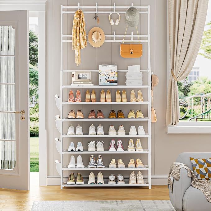 OYREL Shoe Rack 7 Tier Sturdy Shoe Racks for Closet Shoes Organizer for 28-35 Pairs Large Capacity Shoe Storage Rack with Multifunctional 5 Hooks and Side Pocket for Entrance Entryway