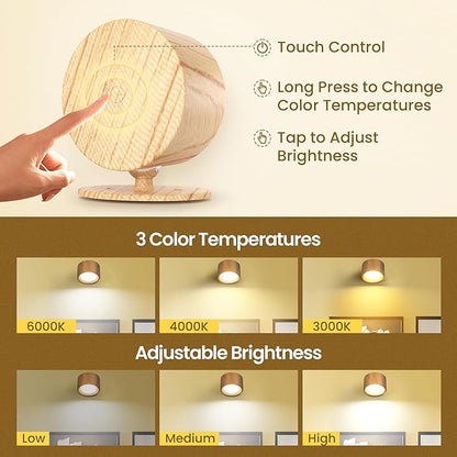 Wall Mounted Lamp LED Wall Lights with Rechargeable Battery Operated, 3 Color Temperatures & 3 Brightness Levels 360°Rotate Magnetic Ball, Cordless Sconces for Bedroom Reading Bedside,Wood-2 Pack