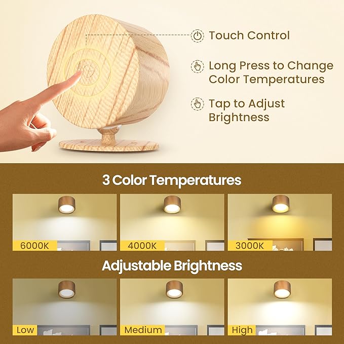 Wall Mounted Lamp LED Wall Lights with Rechargeable Battery Operated, 3 Color Temperatures & 3 Brightness Levels 360°Rotate Magnetic Ball, Cordless Sconces for Bedroom Reading Bedside Black-2 PACK