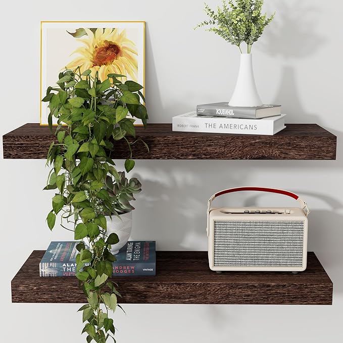 Axeman Floating Shelves, 2 Pack 8 Inch Deep Rustic Solid Wood Wall Shelves for Storage, Wall Mounted Display Shelving with Invisible Heavy-Duty Metal Bracket, 24