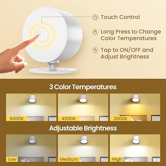 Wall Mounted Lamp LED Wall Lights with Rechargeable Battery Operated, 3 Color Temperatures & 3 Brightness Levels 360°Rotate Magnetic Ball, Cordless Sconces for Pictures, Bedroom, Reading, White-3 PACK