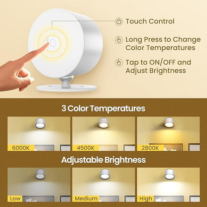 Wall Mounted Lamp LED Wall Lights with Rechargeable Battery Operated, 3 Color Temperatures & 3 Brightness Levels 360°Rotate Magnetic Ball, Cordless Sconces for Pictures, Bedroom, Reading, White-3 PACK