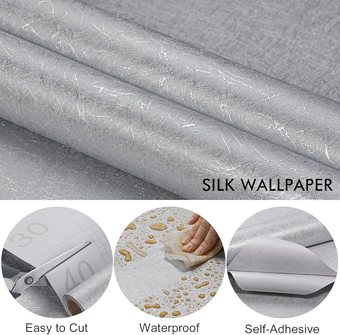 Silver Grey Silk Wallpaper Embossed Peel and Stick Wallpaper A Set of 17.7 inch X 1200 inch Textured Self-Adhesive Removable Contact Paper Waterproof Vinyl Roll for Bedroom Cabinet Furniture