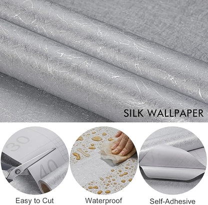 Silver Grey Silk Wallpaper Embossed Peel and Stick Wallpaper A Set of 17.7 inch X 480 inch Textured Self-Adhesive Removable Contact Paper Waterproof Vinyl Roll for Bedroom Cabinet Furniture