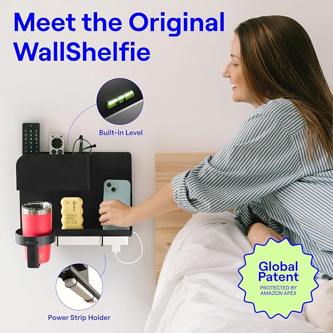 WallShelfie Bedside Wall Organizer & Dorm Decor - Dorm Room Essential, Floating Bedside Shelf Wall Mount Organizer, Remote Control Holder, Cool Teen Girls Trendy Stuff, Room Organization (Black)