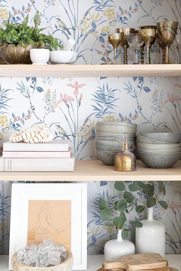 Erfoni 16.9" x118" Boho Floral Peel and Stick Wallpaper Blue Floral and Birds Contact Paper DIY Self Adhesive Removable Wallpaper for Livingroom Cabinet Decor Modern Flower Leaf Wall Paper Vinyl Roll