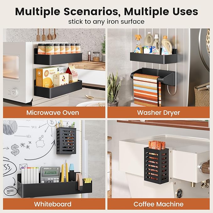Magnetic Spice Rack for Refrigerator,4 Pack Magnetic Shelf,Fridge Magnet Organizer with Paper Towel Holder and Utensils Racks,Fridge Organizers and Storage Black(4 Pack)