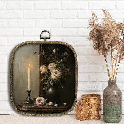 KSDUT Flower Candle Wall Art Decor - Botanical Neutral Mid Century Modern Wall Art Canvas Frame Hanging Prints, Vintage White Floral Square Wall Art Decor for Home Decorations 6.5"x5.7"