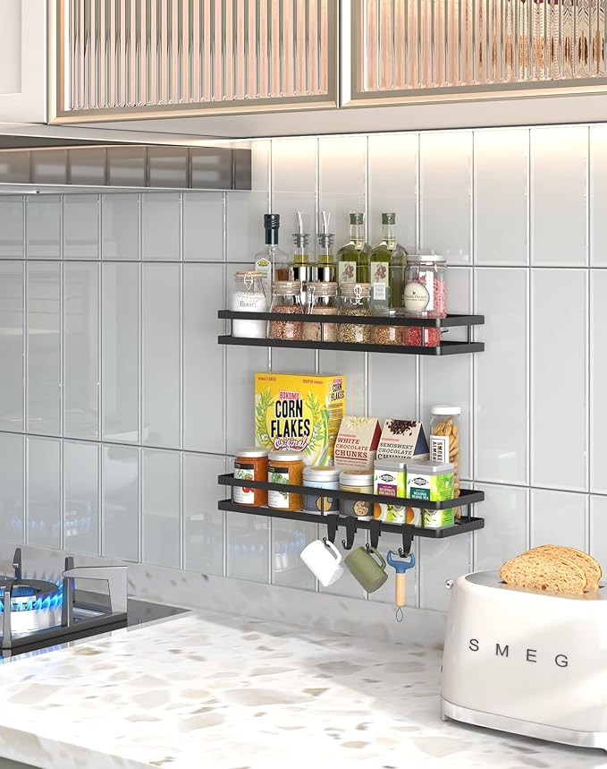 𝐒𝐩𝐢𝐜𝐞 𝐑𝐚𝐜𝐤 Organizer 𝐖𝐚𝐥𝐥 𝐌𝐨𝐮𝐧𝐭- 15.7in 2Pack [Upgraded Version] Hanging Seasoning Organizer Shelf with Paper Towel Holder, Storage for Cabinet or Wall Mounted with 4 Strong Hooks
