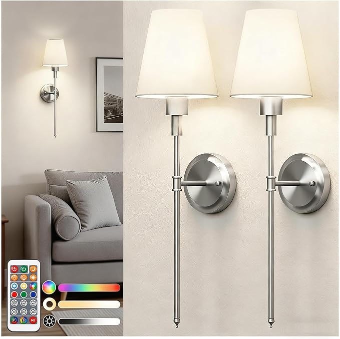 DORESshop Battery Operated Wall Sconce Set of 2, Wireless Wall Light Easy to Install, 7 Color Rechargeable Wall Sconces, Sconce Wall Decor Set of 2 for Bedroom, Living Room, Nickel, 24.6in