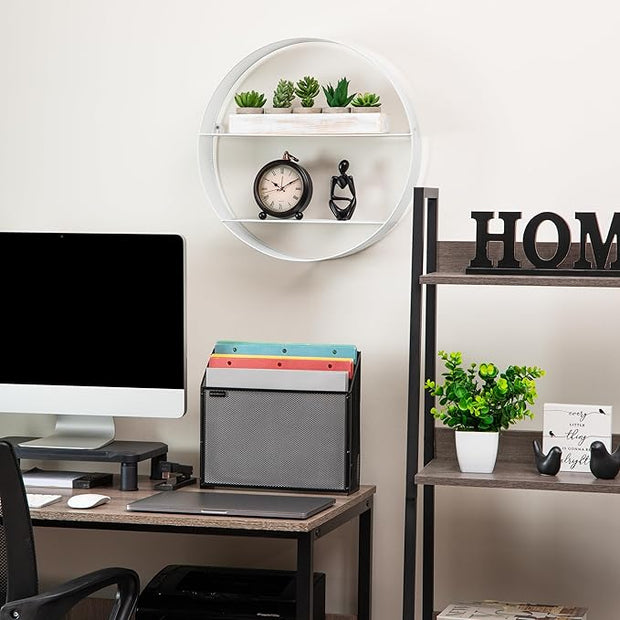 Mind Reader Circular Floating Shelves, Wall Decor, Accent Shelf, Office, Bathroom, Metal Mesh, 18" L x 4" W x 18" H, White