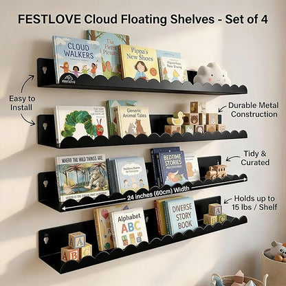 24 Inch Nursery Book Shelves Set of 4, Black Metal Floating Shelves for Wall, Scalloped Cloud Book Shelf for Kids Room, Bathroom, Bedroom, Playroom Wall Decor & Storage