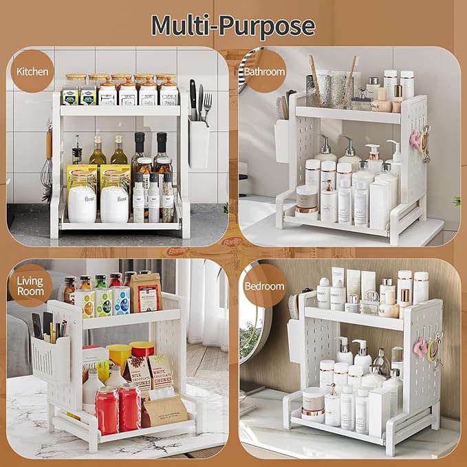 Spice Rack 2 Tier Metal Standing Kitchen Seasoning Storage Shelf with Hanging Basket Pull Out Countertop Organizer for Counter, Cabinet, Pantry, Bathroom, Bedroom (White)