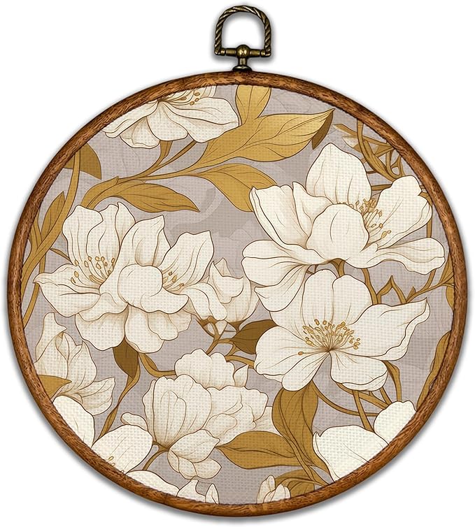 KSDUT Aesthetic Flower Retro Beige Wall Art Decor - Botanical Neutral Mid Century Modern Wall Art Canvas Frame Hanging Prints, Vintage Landscape Round Wall Art Decor for Home Decorations 10"x10"