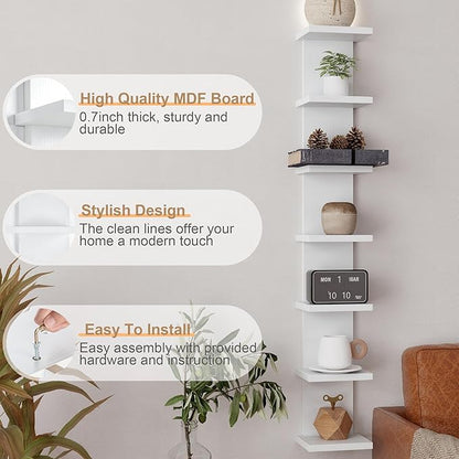 Fun Memories 7 Tier Wall Shelf Unit, White Floating Shelves for Storage - Vertical Column Tower Design, Lack Wall Shelf Space Saving Organizer for Bedroom, Living Room, Home Decor