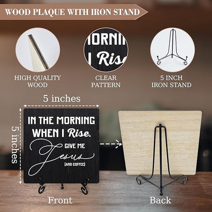 Coffee Sign Desk Decor, In the Morning When I Rise Give Me Jesus and Coffee Sign With Iron Stand, Christian Wood Plaque For Farmhouse Home Kitchen Cafe Bar -06