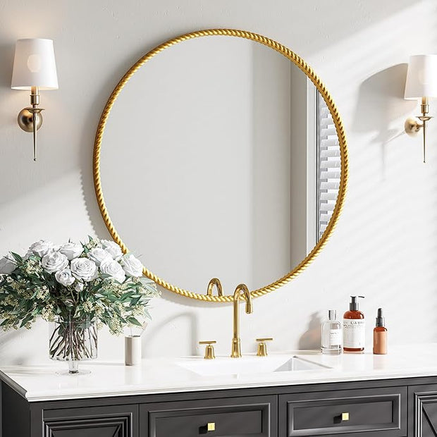PROHOMEWARE Gold Round Bathroom Mirrors, 32 inch Circle Wall Mounted Hanging Mirror for Entryway, Living Room, Hallway, Bathroom, Bedroom