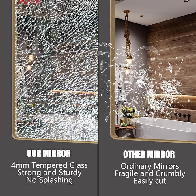 26x36 Gold Framed Mirror for Bathroom, Brushed Gold Mirror with Metal Frame, Modern Rectangle Brass Vanity Mirror for Wall, Shatterproof, Anti-Rust (Horizontal/Vertical)