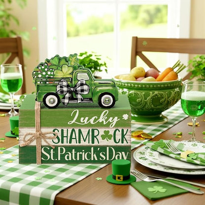 Geelin 4 Pcs St. Patrick's Day Table Decorations Wooden Shamrocks Rustic Tiered Tray Decor with Green Truck, Irish Farmhouse Shelf Centerpiece for Home Kitchen Living Room Holiday Decoration