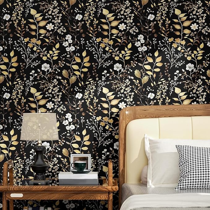 Boho Wallpaper Peel and Stick Dark Floral Wallpaper 17.5in x393in Vintage Leaf Contact Paper Vinyl Waterproof Self Adhesive Golden Leaf Botanical Wall Paper for Cabinet Table Drawer Decor