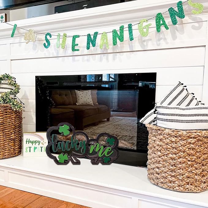 Wooden Shamrock Centerpiece Lucky Me Table Decorations St. Patrick's Day Tiered Tray Decor Farmhouse Home Office Coffee Bar Kitchen Table Decor