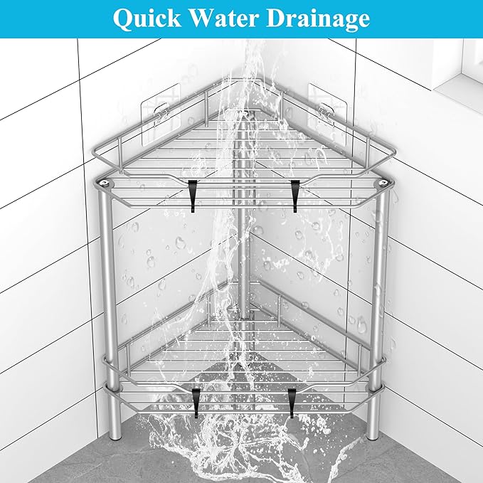 2 Tier Floor Standing Corner Shower Caddy Organizer Shelf with Hooks, Bathroom Shelves Stand Rack, Gray
