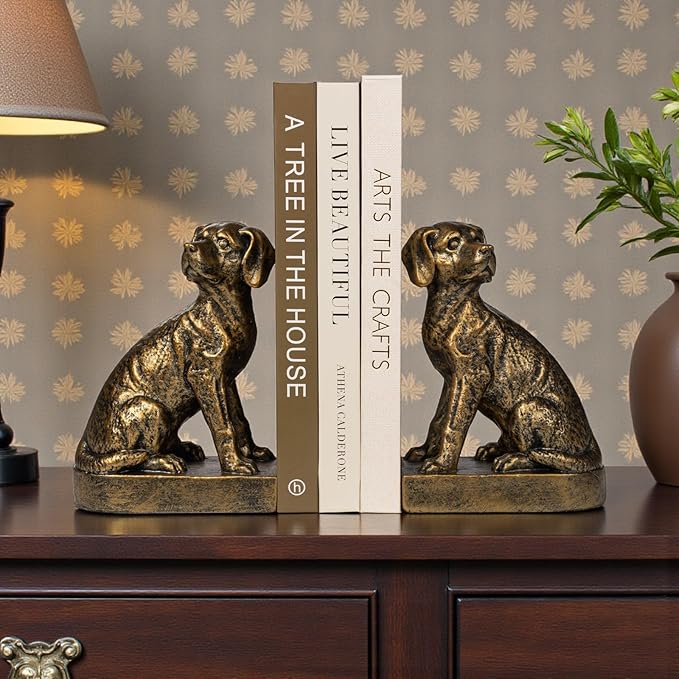 Decorative Bookends for Shelves, Dog Book Ends for Heavy Books, Labrador Retriever Statues Bookends for Heavy Books with Anti-Slip Base Book Holders for Home Office Decor (Gold)