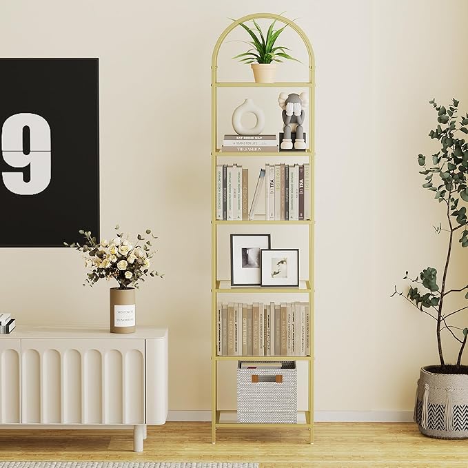 Homhedy Bookshelf Arched Display Racks,Metal Bookcase,Tempered Glass Shelves,Storage Rack Shelf for Home Office,Living Room,Bedroom, Bathroom,Modern Style (Golden, 11.8