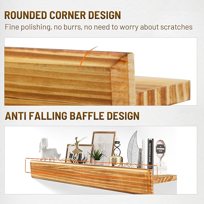 32 Inch Picture Ledge Shelf with Lip,Floating Shelves for Wall, Set of 2 Solid Pine Wood Shelves with Invisible Brackets, Wall Storage for Living Room, Bedroom, Kitchen, Bathroom(Carbonized Brown)
