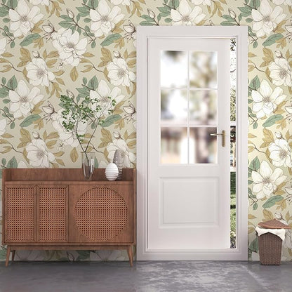 Beige Floral Wallpaper Peel and Stick, White Flowers Contact Paper, Vintage Botanical Boho Wall Paper Waterproof Self Adhesive Removable for Room Shelves Cabinet Drawer Table Decor 17.5" x 118"