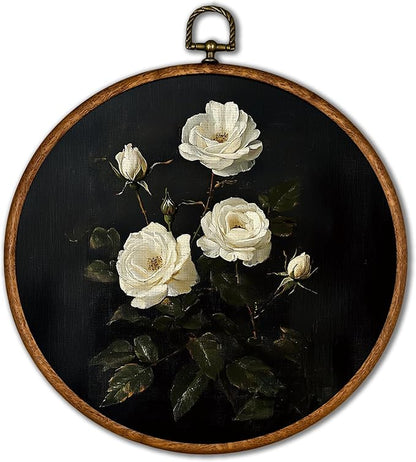 KSDUT Flower Wall Art Decor - Botanical Neutral Mid Century Modern Wall Art Canvas Frame Hanging Prints, Vintage White Floral Round Wall Art Decor for Home Decorations 10"x10"