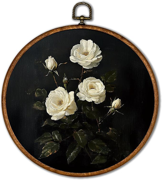 KSDUT Flower Wall Art Decor - Botanical Neutral Mid Century Modern Wall Art Canvas Frame Hanging Prints, Vintage White Floral Round Wall Art Decor for Home Decorations 10"x10"